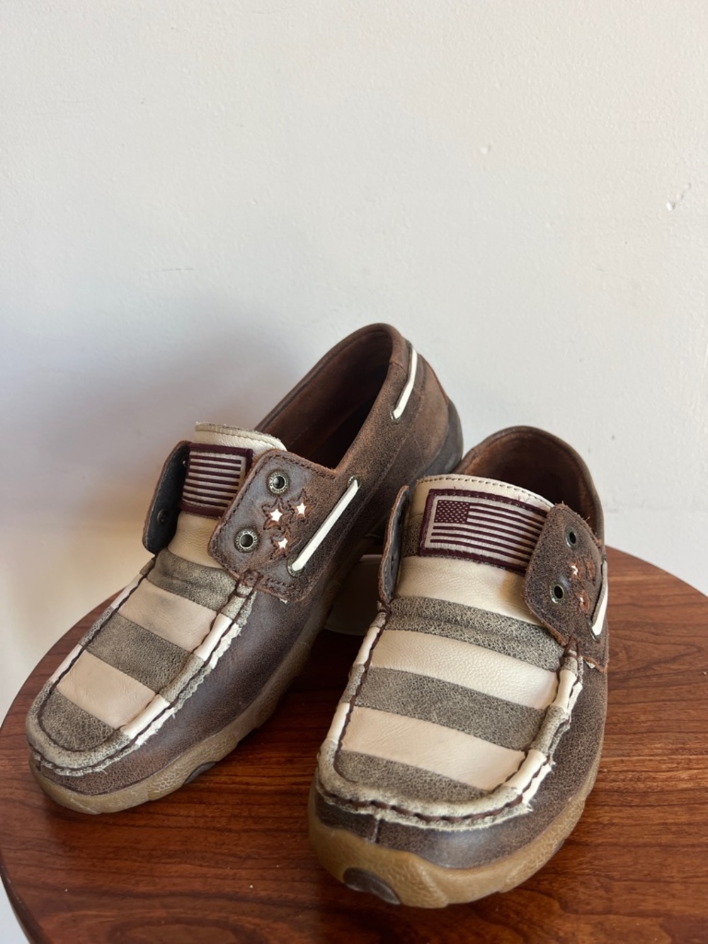Tony Lama TLC Brown and Tan Striped Slip-On Loafers with flag size8
